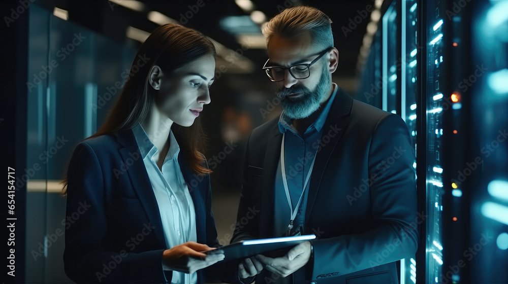 Leinwandbilder it advisors working and discussing in server room.