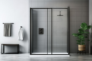 Glass-enclosed shower stalls in stylish modern bathroom background with empty space for text 