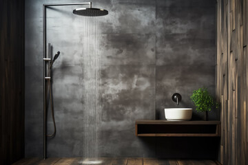 Industrial chic bathroom with rain shower head background with empty space for text  - obrazy, fototapety, plakaty