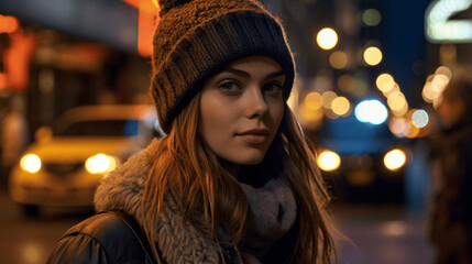Stylish urban portrait capturing contemporary fashion in the warm evening glow of city lights