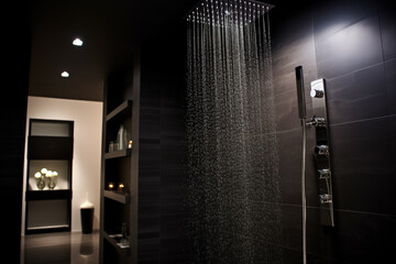 Urban-style bathroom interior highlighting rain shower head installation 
