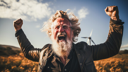 Vibrant elderly man ecstatically embracing green energy with wind turbine in plain backdrop. - obrazy, fototapety, plakaty