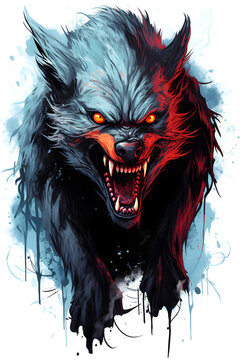 Terrible werewolf. Digital horror illustration. Halloween drawing created with generative AI.
