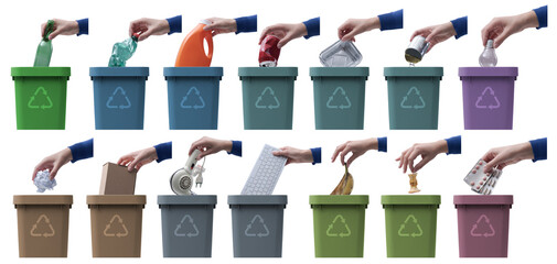Hands putting different types of waste in garbage cans
