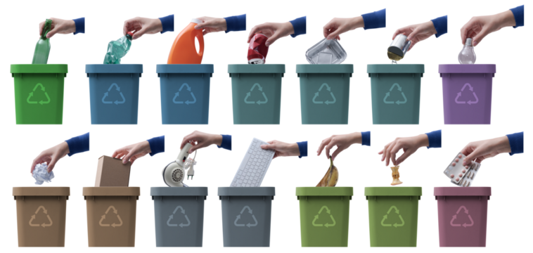Hands putting different types of waste in garbage cans - Powered by Adobe