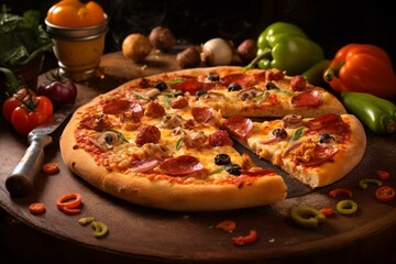 An appetizing pizza adorned with a variety of delectable ingredients. Generative AI