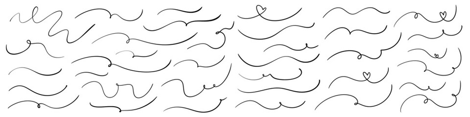 Handdrawn elegant swirls, swashes and divider lines in crayon pencil. Freehand flourishes for wedding invitation font. Paint brush wave doodle, vector Illustration - obrazy, fototapety, plakaty