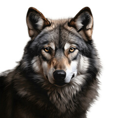 Portrait of a gray wolf looking in front of camera on transparent background
