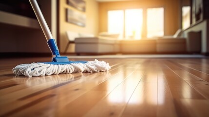 Cleaning with Mop, Cleaning tools on parquet floor. - obrazy, fototapety, plakaty