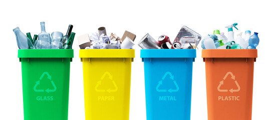 Collection of recycling bins with different types of waste - obrazy, fototapety, plakaty