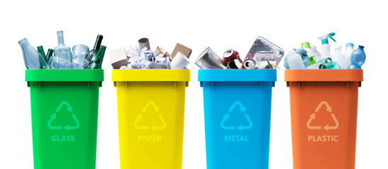 Collection of recycling bins with different types of waste