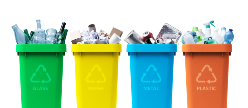 Collection of recycling bins with different types of waste