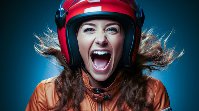 Exhilarating portrayal of a joyful woman in racing gear, ecstatically celebrating the roar of a high-performance car engine on a plain background.