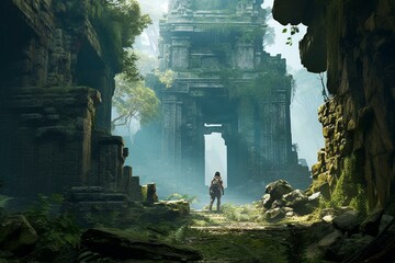An explorer in ruins, stands near an ancient, decaying temple covered in vegetation. Generative AI - obrazy, fototapety, plakaty