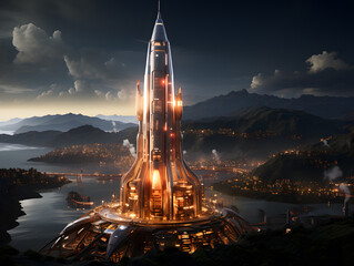 3D rendering of a space ship in the moonlight future city - obrazy, fototapety, plakaty