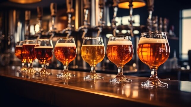 Variety of craft beer arranged in a row on counter bar in a pub.
