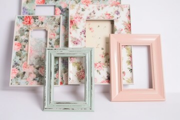 Floral-patterned picture frames on white background. Generative AI