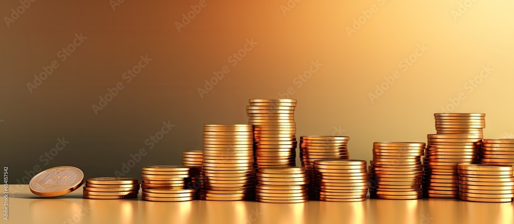 Poster piles of gold coins displayed on isolated pastel background copy space