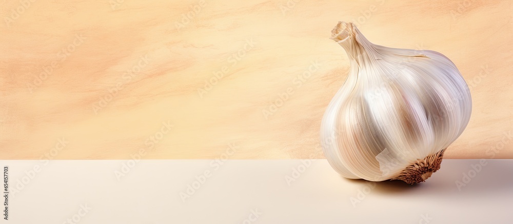 Poster one garlic clove alone isolated pastel background copy space with slight color correction
