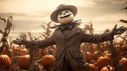 Funny, scare carved pumpkin head with smile stands amidst a field of vibrant orange pumpkins, creating festive autumn scene. Halloween scarecrow on pumpkin patch.