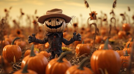 Funny, scare carved pumpkin head with smile stands amidst a field of vibrant orange pumpkins, creating festive autumn scene. Halloween scarecrow on pumpkin patch.