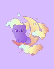 Vector Kawaii Illustration of Kitty on the Moon Delicate Pastel Colors