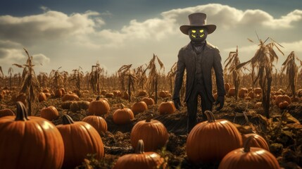 Funny, scare carved pumpkin head with smile stands amidst a field of vibrant orange pumpkins, creating festive autumn scene. Halloween scarecrow on pumpkin patch. - obrazy, fototapety, plakaty
