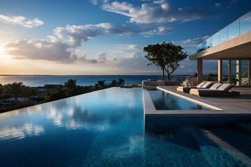 Fototapeta na wymiar photo of an infinity pool with a stunning view of the ocean, where the water seamlessly merges with the horizon