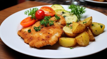 Schnitzel with potatoes and vegetables.