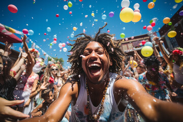 photo capturing the moment of a splash during a lively pool party, with water balloons, laughter, and joyful chaos - obrazy, fototapety, plakaty