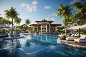 luxurious resort pool with cabanas, sunbeds, and attentive service, epitomizing the elegance and relaxation of a high-end vacation