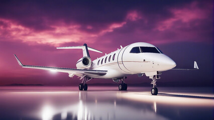 Obraz premium Modern white corporate business jet isolated on bright background with sky generated by AI