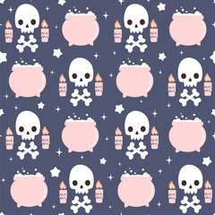 Cute hand drawn cartoon halloween spooky seamless vector pattern background illustration with funny pink witch cauldron, skulls, candles, bones and stars