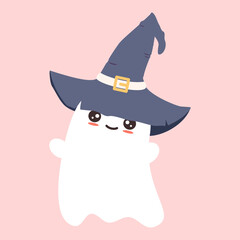 cute hand drawn cartoon character ghost with wizard hat funny halloween vector illustration isolated on pink background
