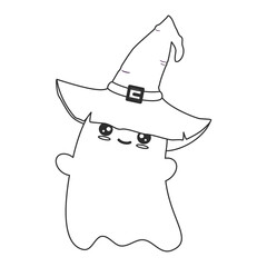 cute hand drawn cartoon character black and white ghost with wizard hat funny halloween vector illustration for coloring art