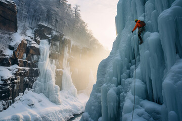 ice climber scaling a frozen waterfall, highlighting the daring sport of ice climbing