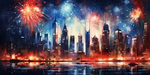 Colorful Fireworks at Night with View of the Cityscape. New Year Celebration