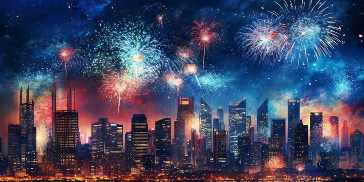 Colorful Fireworks at Night with View of the Cityscape. New Year Celebration