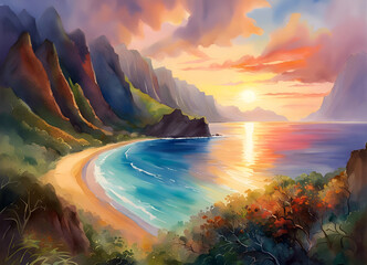 Watercolor painting of Na Pali Coast, Kauai, Hawaii at sunset 