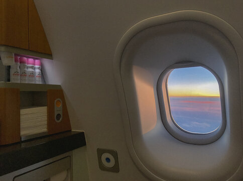 View into First Class lavatory toilet onboard Lufthansa Airbus A340-600 taken inflight on 27 October 2017