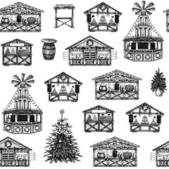 Fototapeta Christmas market stalls background. Hand drawn vector illustration. Winter holiday seamless pattern. Wooden kiosk, Christmas tree, candy shop, bakery, fast food, mulled wine sketches obraz