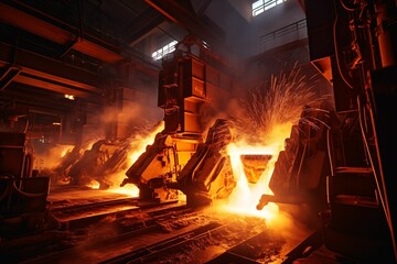 a steel mill, molten metal pouring into molds, while sparks fly. The long exposure captures trails of bright orange and yellow, representing intense heat and creation - obrazy, fototapety, plakaty