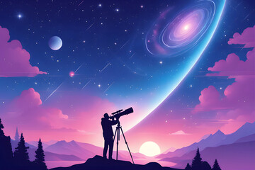 A passionate astronomer observing distant galaxies through a powerful telescope. Vector flat cartoon illustration - obrazy, fototapety, plakaty