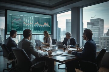 a conference room setting where diverse professionals engage in an animated discussion, with tablets showcasing financial reports placed in front of them - obrazy, fototapety, plakaty