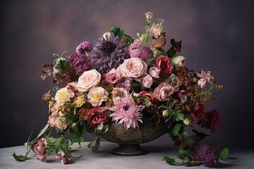 Obraz na płótnie Canvas Flowers arrangement on pale backdrop. Vintage arrangement. Floral artistry. Generative AI