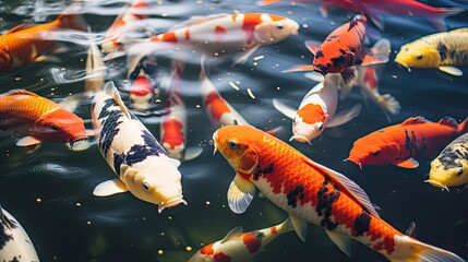 Close-up of 3 koi fish in a pond with natural light.