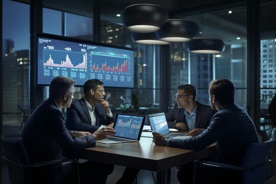 a conference room setting where diverse professionals engage in an animated discussion, with tablets showcasing financial reports placed in front of them