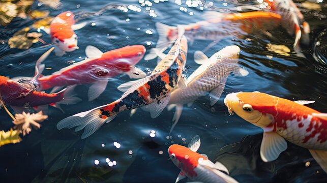 Close-up of 3 koi fish in a pond with natural light.