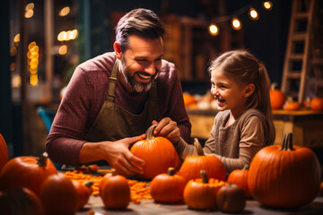 Father and daughter carving pumpkins, showcasing the fun and creativity of Halloween traditions. Generative Ai