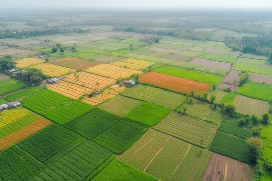 Diverse crop fields nurtured aerially; healthy farming ecosystem method. Generative AI